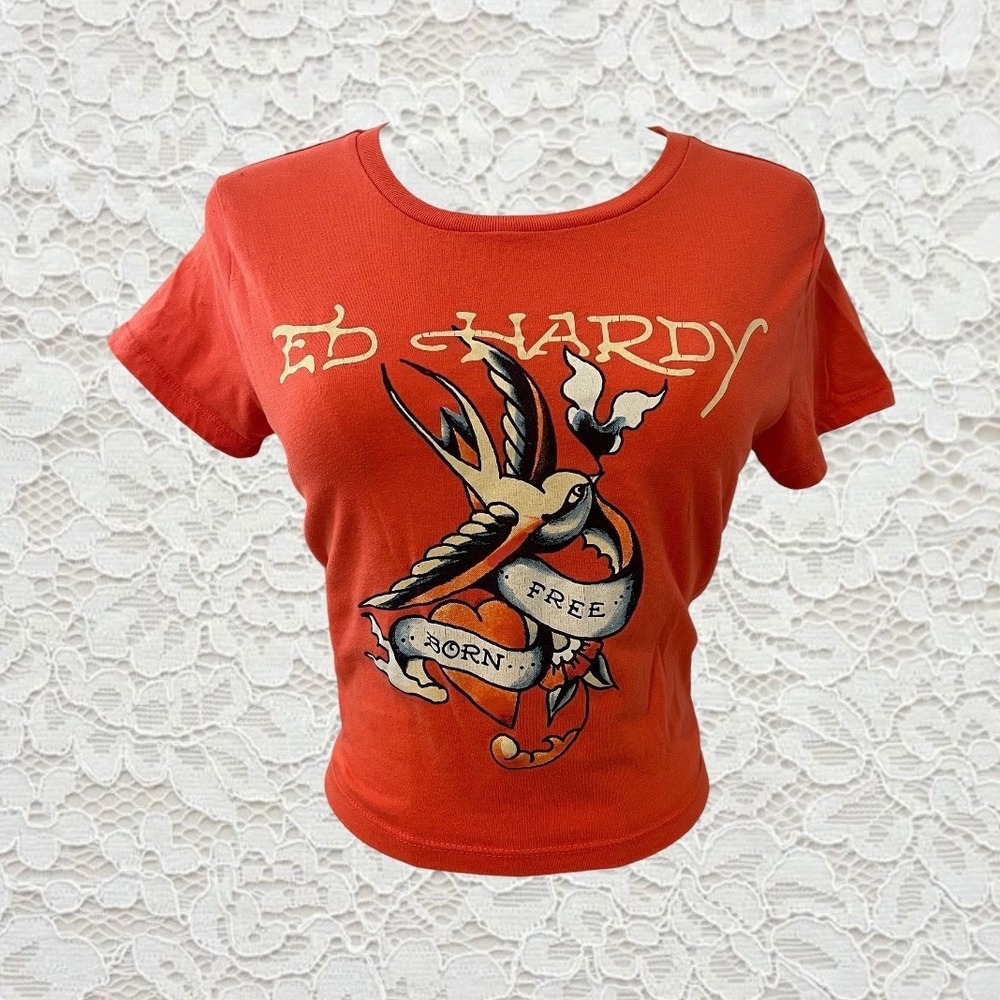 ed hardy orange graphic baby tee